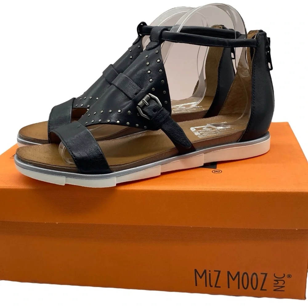 Miz Mooz Sandals Kane Black Leather Casual Boho Stud Buckle Womens Size 6.5